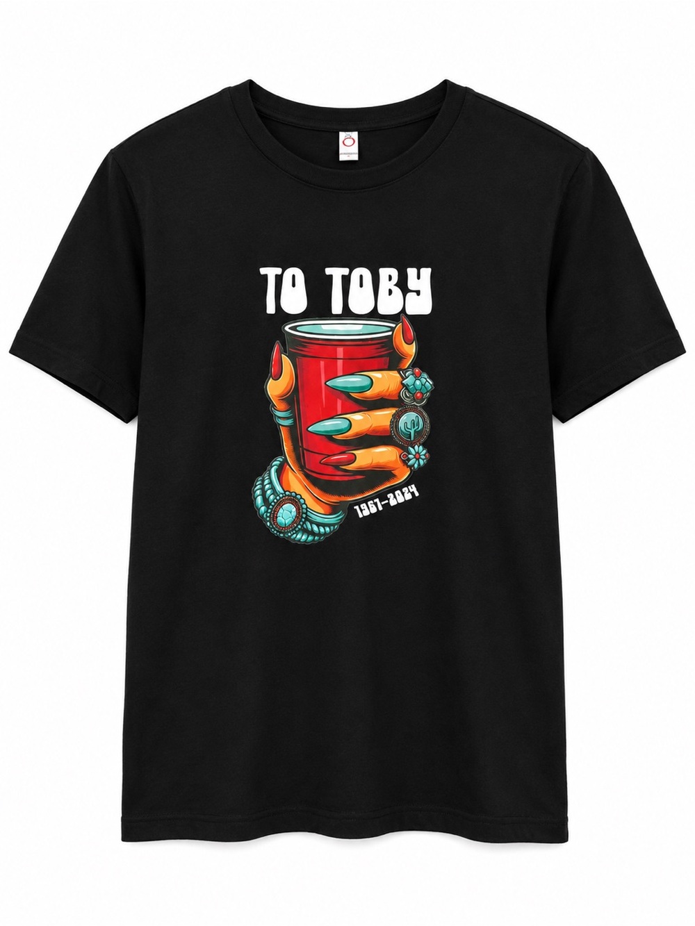 Black Short Sleeve Graphic Tee — 'To Toby' Colorful Hand Cup Print